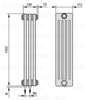Схема (чертеж) Радиатор Zehnder Charleston 5150/3 №3470 Белый глянцевый RAL 9016
